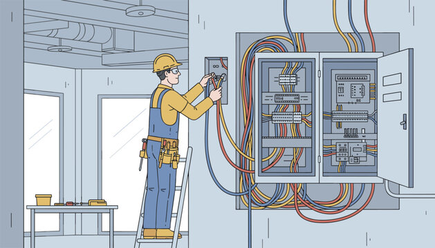 Construction electrician installs wiring inside a complex residential electrical circuit breaker panel while standing on a ladder.