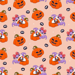 Obraz premium Halloween Seamless Pattern featuring cute purple bats, pumpkins, skulls and spooky autumn elements for festive backgrounds and textiles