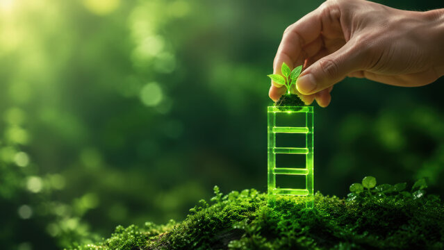 Green seedling lifted above glowing neon ladder symbolizes achievement and sustainable growth in lush forest setting