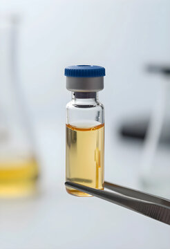 Vaccine development and pharmaceutical research, medical vial with yellow liquid held by tweezers in laboratory for clinical testing and drug discovery