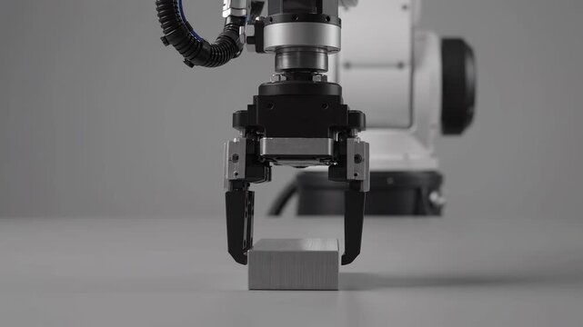 Robotic arm approaching metallic cube for industrial automation, Precision robotic gripper poised for manufacturing tasks