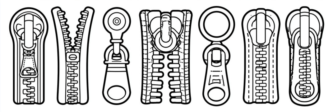 Various styles of zipper designs in black and white line art.
