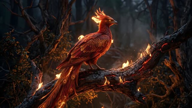 Majestic fire phoenix bird perched on a glowing branch in a dark and mystical fantasy forest