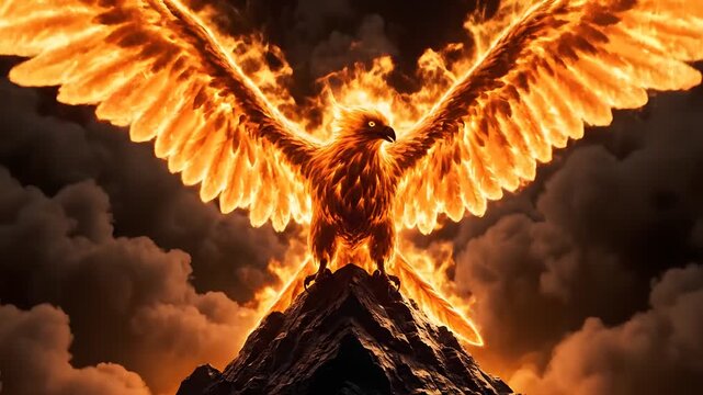 Majestic fire eagle rising from a dark mountain peak with spread wings in a dramatic fiery storm