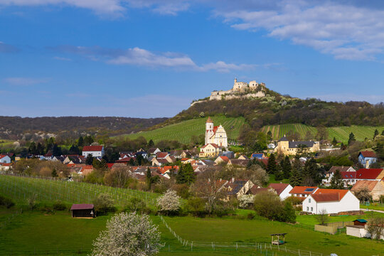 Falkenstein ruins and town with vineyard, Lower Austria, Austria