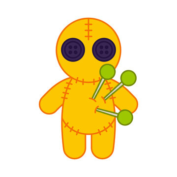 Yellow cartoon voodoo doll with button eyes and pins