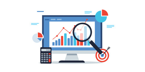 Fototapeta premium Computer monitor displaying financial charts and a magnifying glass a flat vector illustration analytics assessment business calculation data diagram digital economics evaluation finance