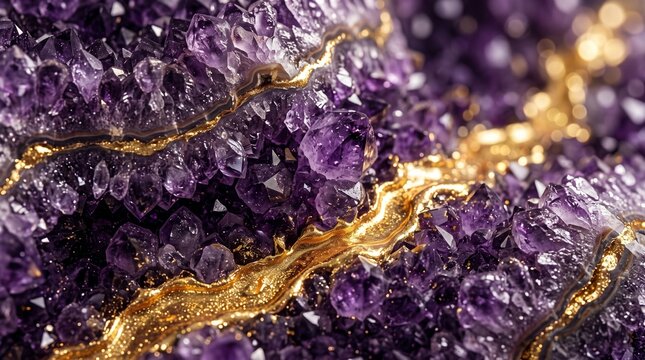 Abstract 3D luxury purple geode crystal background with elegant gold veins
