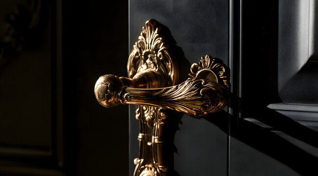 Decorative gold door handle on a glossy black door. High-end metal accents with a rococo style. Glamorous entrance featuring striking illumination and pronounced darkness. Detailed shot of an aged bra