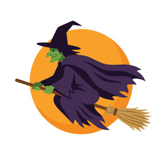Fototapeta premium Witch flying on broomstick in front of full moon