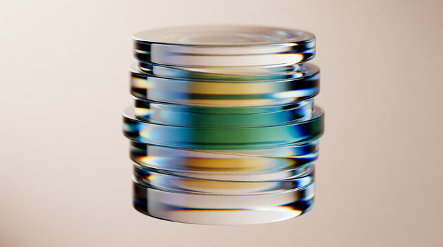 Artistic glass layers with vibrant colors on a neutral background