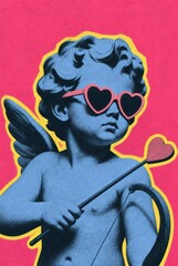 Obraz premium Pop art-style cherub with heart sunglasses and wand on pink background.