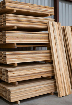 Construction and carpentry materials, stacked wooden boards and plywood sheets in a warehouse for building renovation and interior design projects