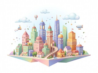 Obraz premium A colorful miniature city skyline with whimsical buildings and floating clouds on a white background with floating island with clock tower