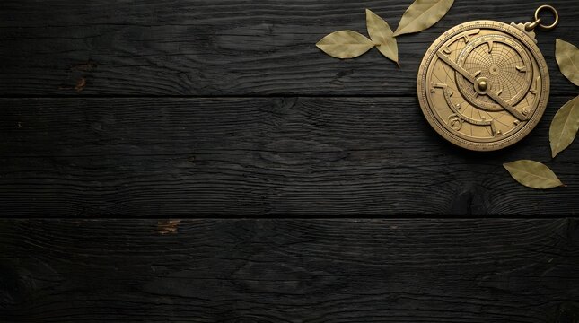 Antique brass astrolabe with dried leaves on a dark rustic wooden background with copy space