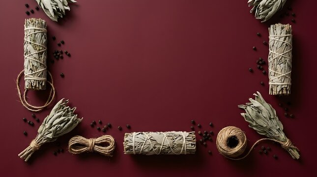 Dried sage smudge sticks arranged in a frame on a dark red background with central copy space