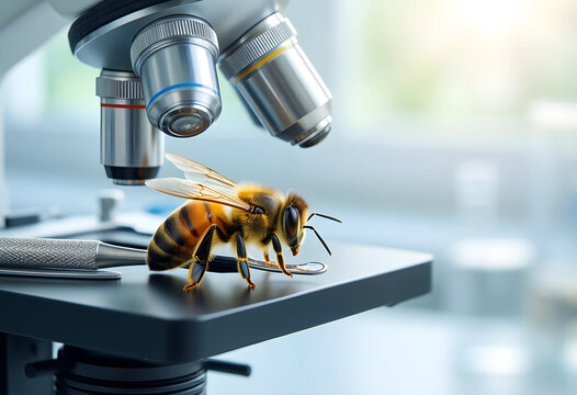 Pollination and biodiversity research, honey bee under a laboratory microscope for environmental science and agricultural study in a clinical setting