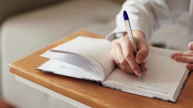 4K slow motion 60fps footage of a person hand carefully writing with a blue ink pen in a paper notebook organizer on a wooden table indoors.