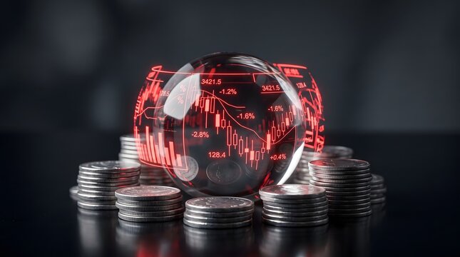 A glass globe surrounded by coins with glowing red downward candlestick charts and percentages.