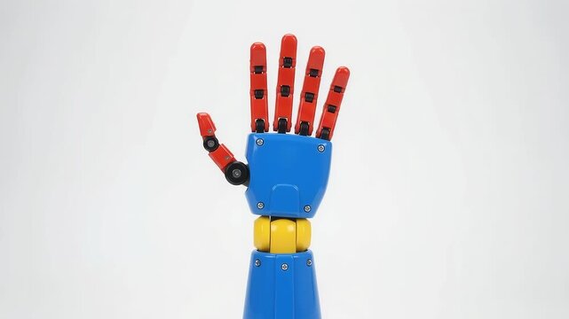 Robotic hand waving hello: colorful mechanical prosthetic arm gesture on white background technology