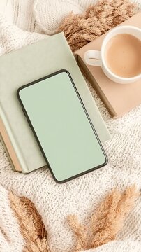 Mockup prototype preview a cozy interior scene featuring a pastel phone, a cup of coffee, and books on a soft blanket. Perfect for lifestyle and home aesthetics.