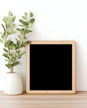Mockup prototype preview a blank wooden frame stands against a white wall next to a stylish vase filled with fresh greenery, perfect for home decor inspiration