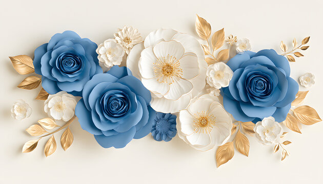 Paper flowers arrangement with blue roses and white blossoms on a light background. Decorative floral border frame made of crafted petal elements and golden leaves. Elegant botanical design for a wedd
