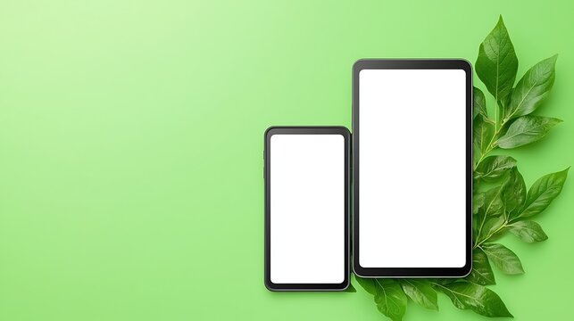 Mockup prototype preview two digital devices, a tablet and a phone, on a vibrant green background with fresh leaves. Perfect for showcasing innovative technology in natural settings.
