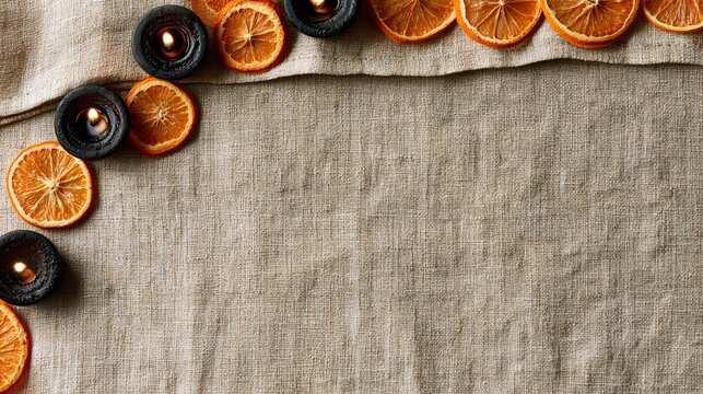 Refined Halloween background using warm beige linen stretched across a tabletop and backdrop, small black candles and dried orange slices forming a narrow decorative border along one side