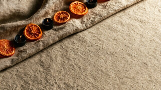 Refined Halloween background using warm beige linen stretched across a tabletop and backdrop, small black candles and dried orange slices forming a narrow decorative border along one side