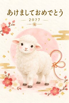 かわいい白い羊と新年の挨拶を描いた2027年未年年賀状