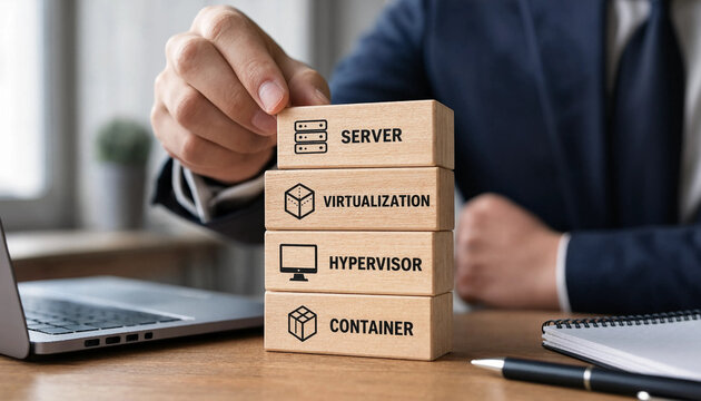 Businessman building a stack of wooden blocks representing server virtualization application and container technology concepts in office