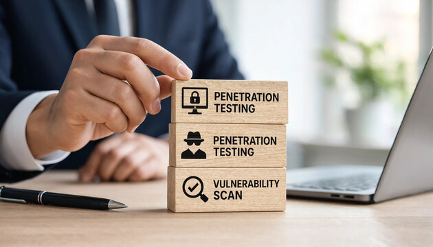Businessman stacking wooden blocks with cybersecurity concepts of penetration testing and vulnerability scanning on a desk
