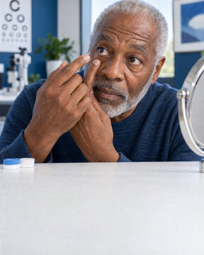 World Sight Day senior man inserting contact lens in eye clinic