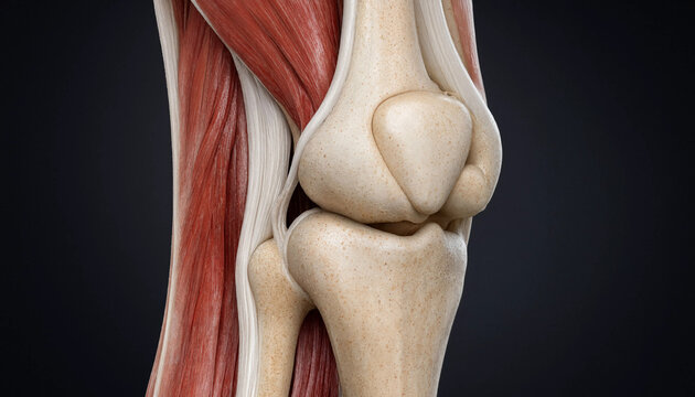 Detailed medical 3d illustration of human knee joint anatomy showing bones muscles and connective tissue structures