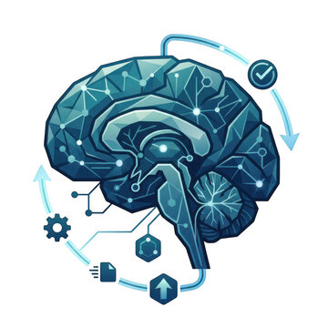 Polygonal brain icon with workflow process icons and data flow cycle isolated on transparent background