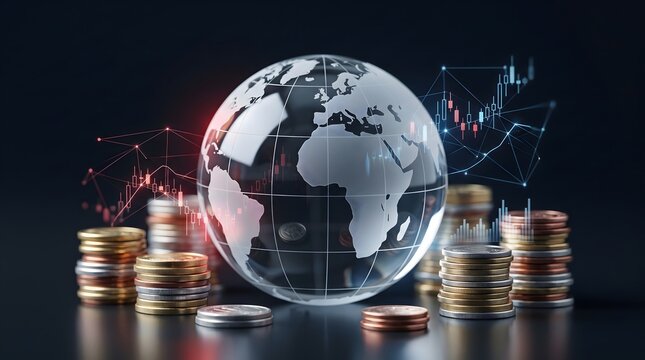 A glass earth globe and coin stacks with a glowing red and blue abstract candlestick chart.