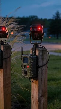 Vertical video: Rotating right spotlight angling up on post at dusk, red LED pulsing, trail cam