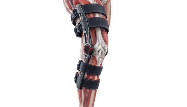 Medical illustration of a human knee joint wearing a hinged orthopedic brace for ligament injury support