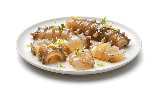 Sliced sea cucumber served on a white plate as a gourmet delicacy with fresh citrus garnish