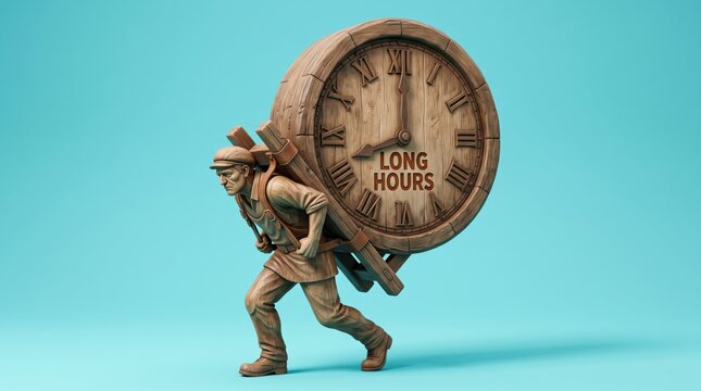 Person struggling under giant clock showing long hours