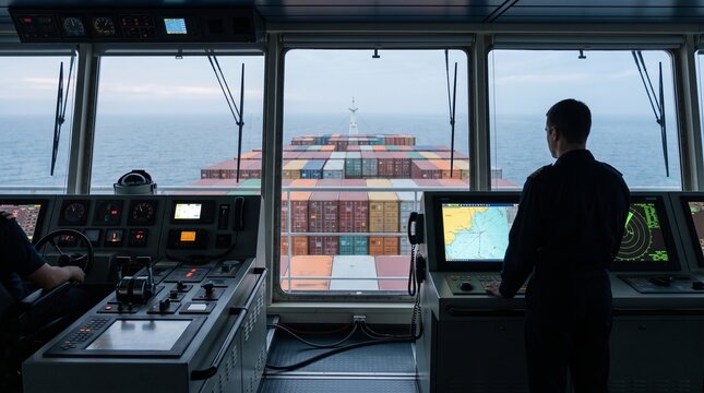 View from the ship's bridge overlooking a large cargo ship at sea with the captain navigating