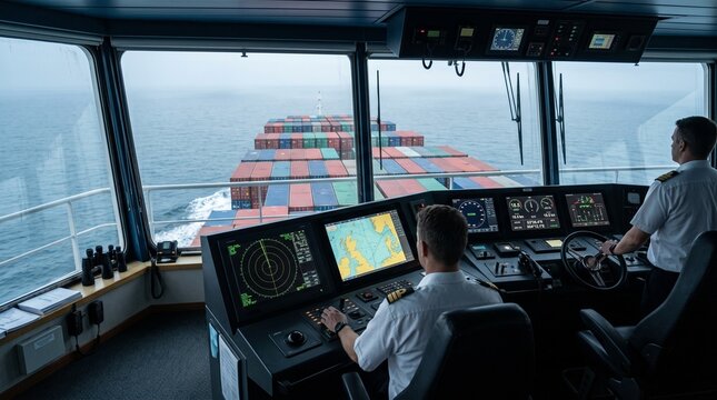 Professional Ship Captain Navigating Large Cargo Container Vessel from the Bridge at Sea