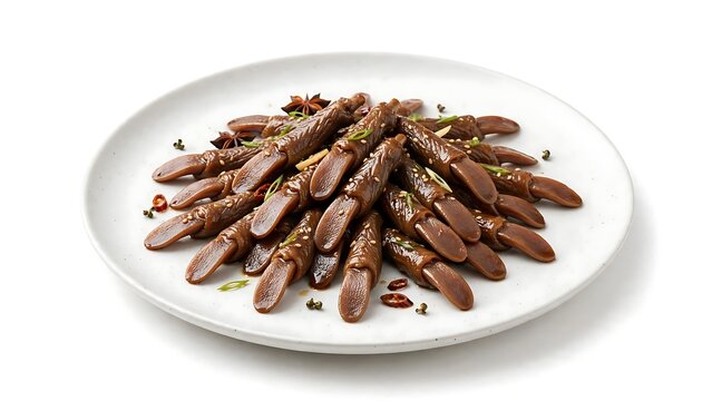 Braised duck tongues served on a white plate with aromatic spices and sesame seeds garnish