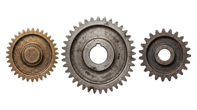 Three different industrial metal gears, detailed mechanical components for machinery and engineering.