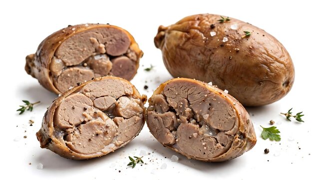 Roasted stuffed poultry meat served with fresh herbs and seasoning on a clean white background