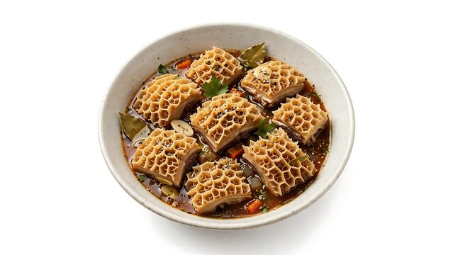 Traditional beef tripe stew served in a rustic ceramic bowl against a clean white background