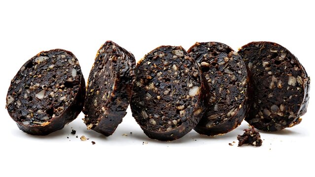 Slices of traditional black pudding sausage arranged in a row against a clean white background