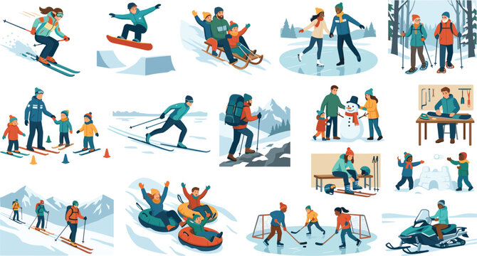 Winter sports activities and family outdoor recreation vector illustration set featuring skiing snowboarding ice skating sledding and snowmobiling
