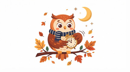 Obraz premium Cute cartoon owl wearing a scarf holding an alarm clock on an autumn branch isolated on white background